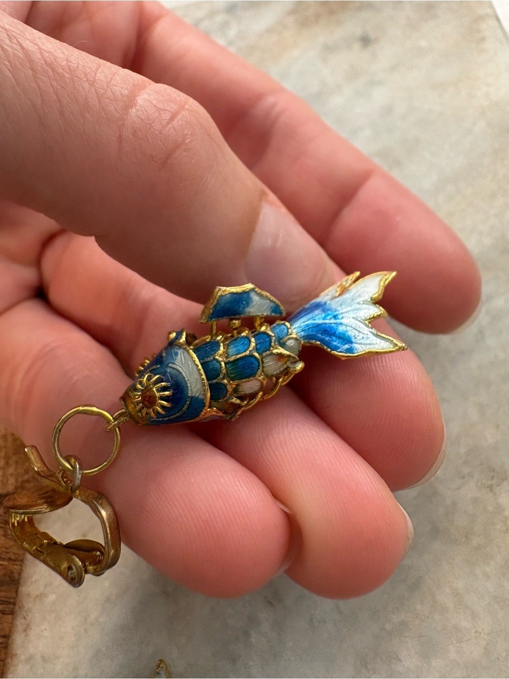 Vintage Blue Enamel Koi Fish Clip-On Earrings – Gold Tone