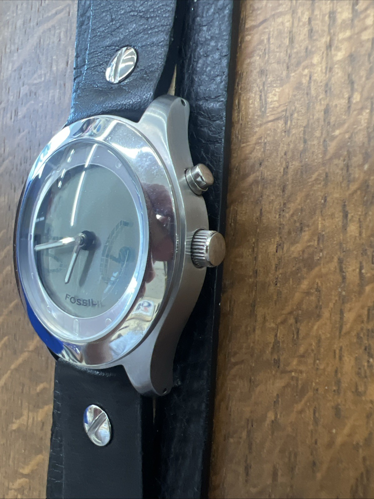 Rare Vintage Fossil Big Tic Watch W/ Animated Figure Dial Robots Black Leather