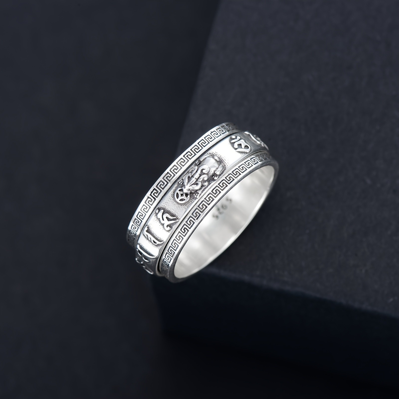 Sterling Silver Rotating Pixiu Ring With Mantra Greek Key Design Size 8 9