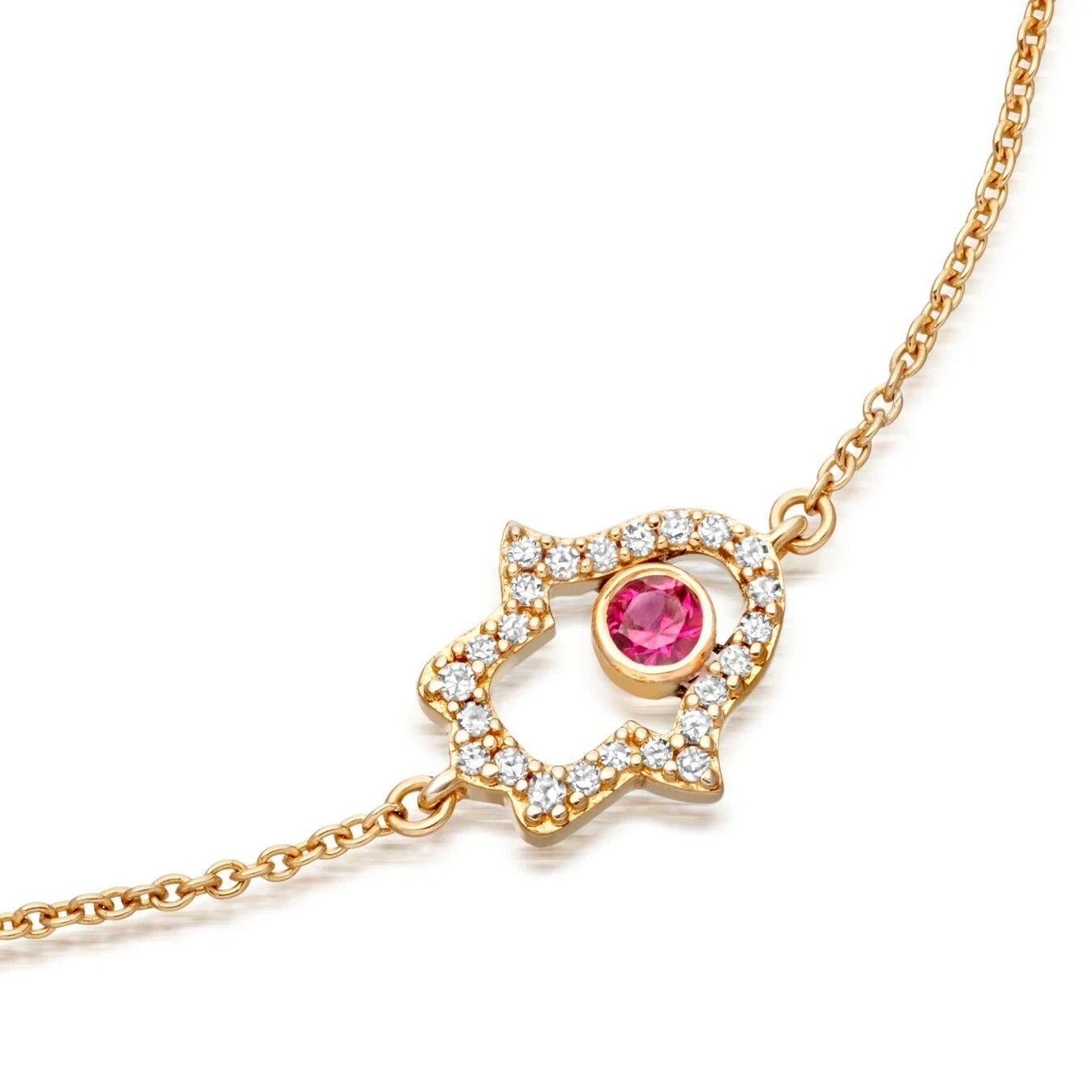 Lab Created Pink Sapphire Hamsa Hand Bracelet 14K Yellow Gold Plated Adjustable