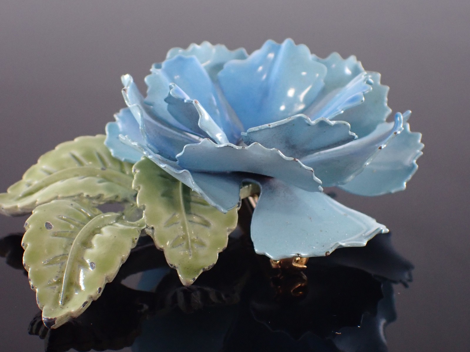 Vintage Blue Enamel Flower Brooch Glass Rhinestone Center Mid Century