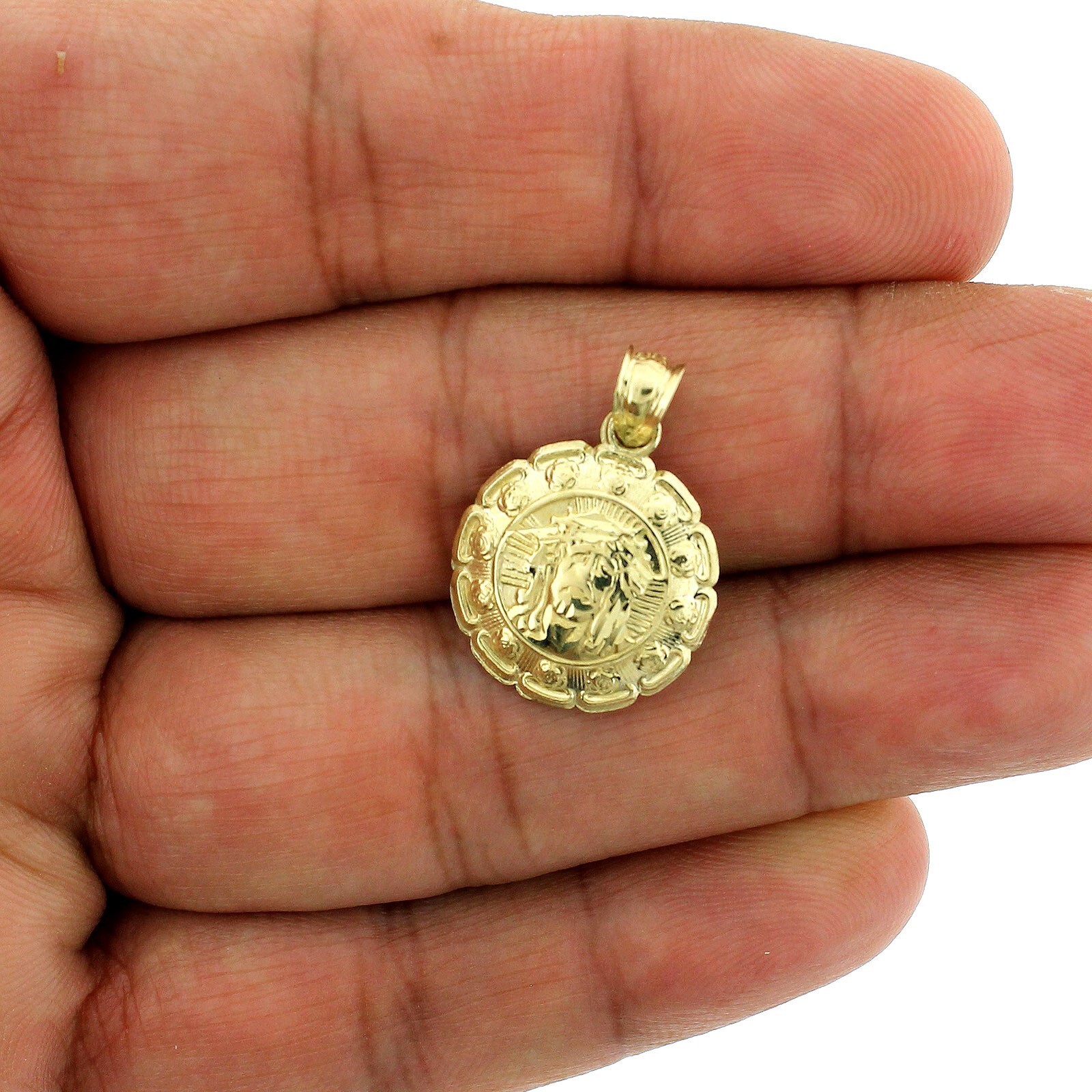 Real 10K Yellow Gold Jesus & Mary Medallion Pendant, 10KT Double Sided Charm