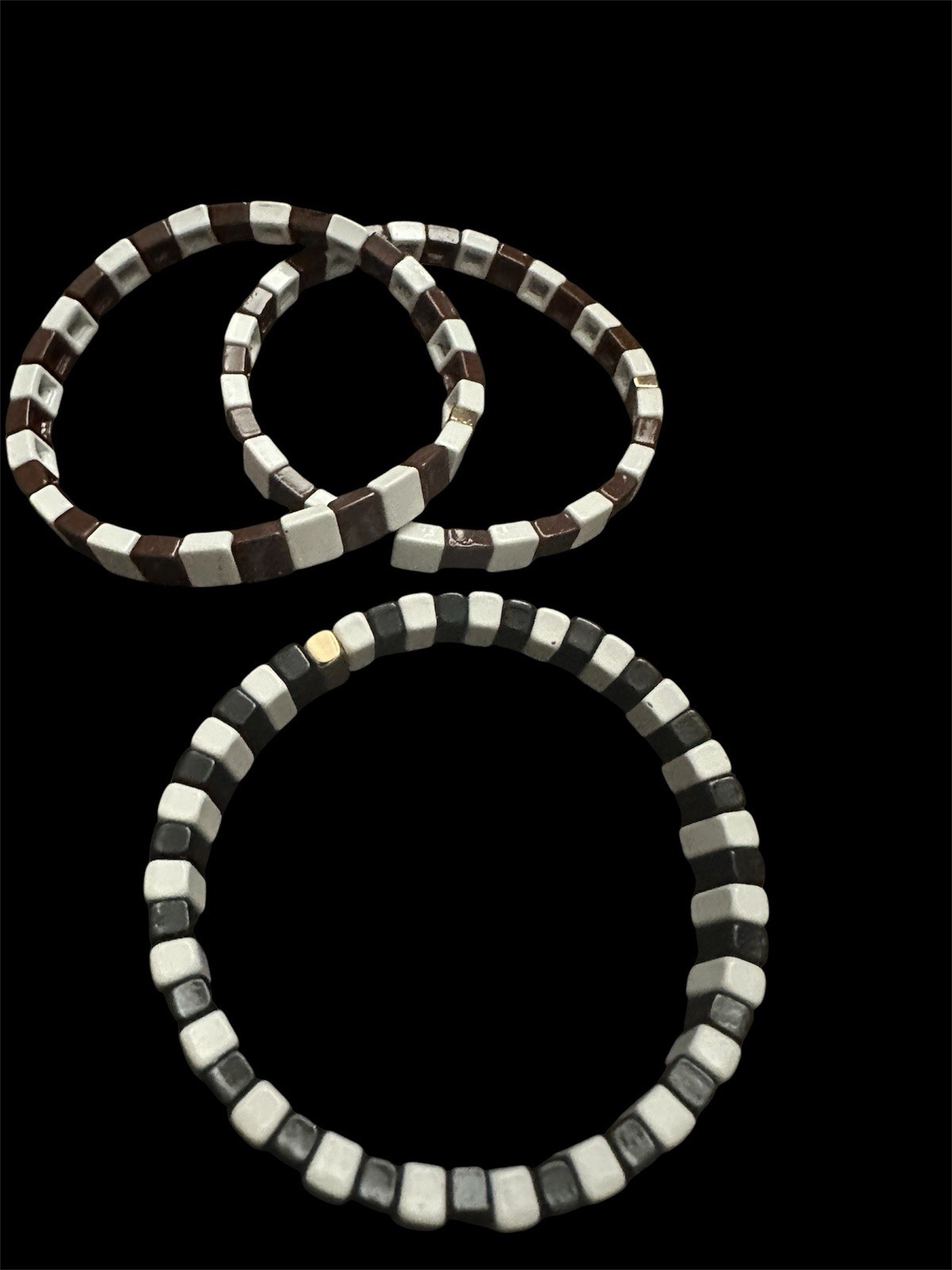 3 Beaded Chicklet Enamel Tile Stretch Bracelet 2 Brown & White /1 Black & White