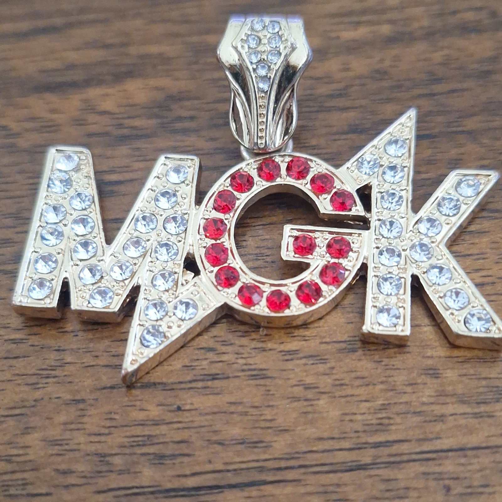 Gold Tone MGK Letter Pendant Charm Pavé Red/Clear Rhinestones Metal