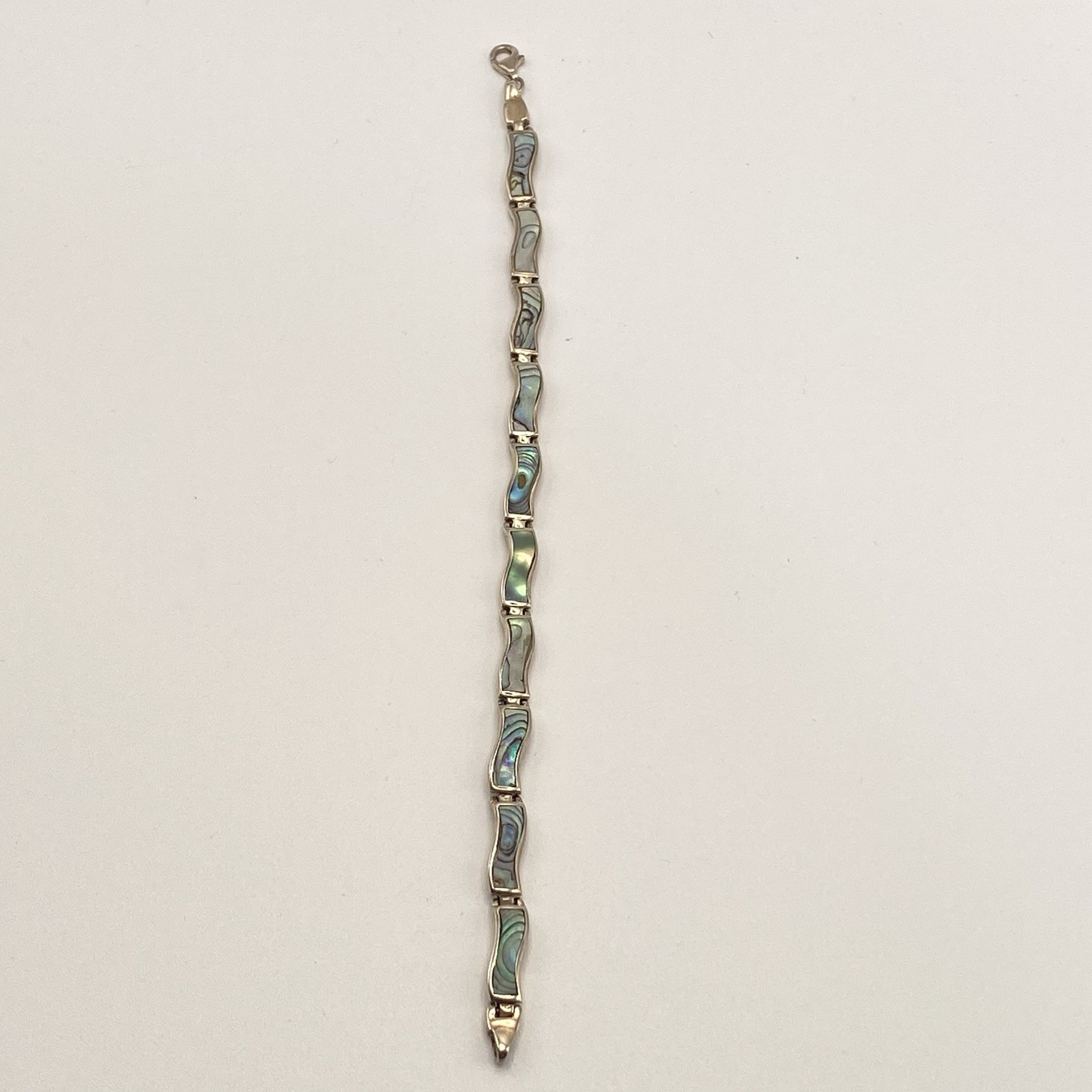 925 Sterling Silver Bracelet Blue Green Abalone Shell Inlay Wavy Link Vtg 7.25”