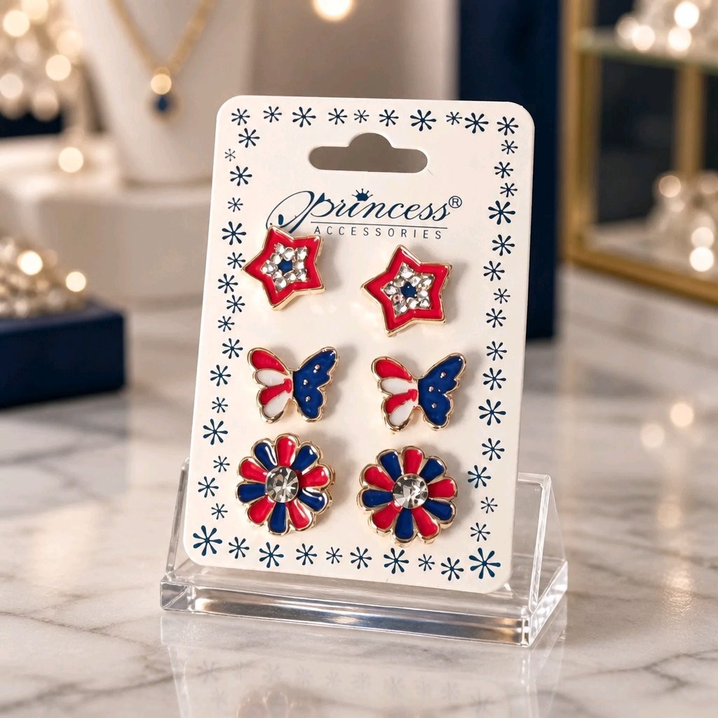 NWT Princess Accessories Patriotic Stud Earrings Set 4th of July USA Flag Star