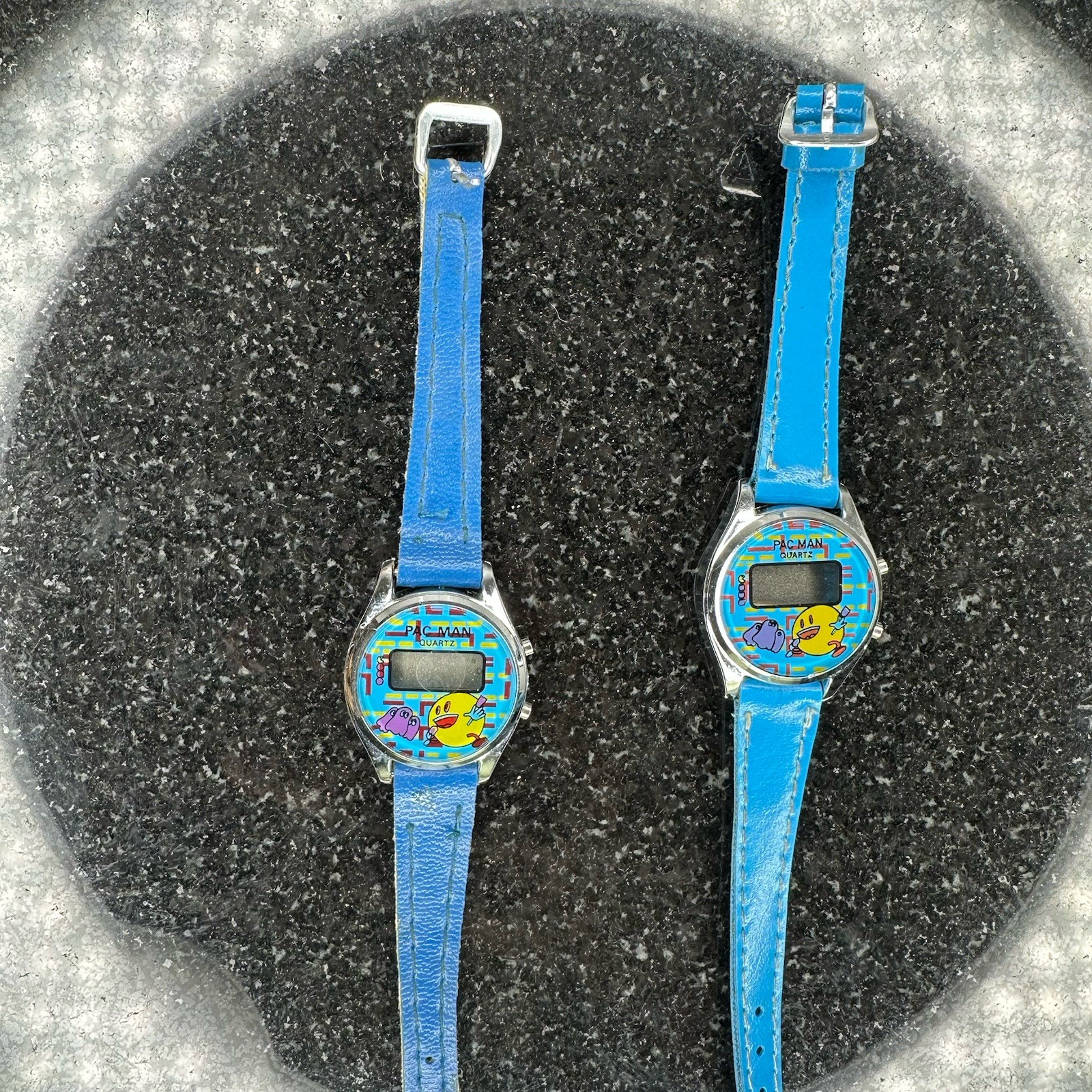 2 Pac-Man Digital Watches Vintage 80s 90s Hong Kong Kids Blue Band Rare Untested
