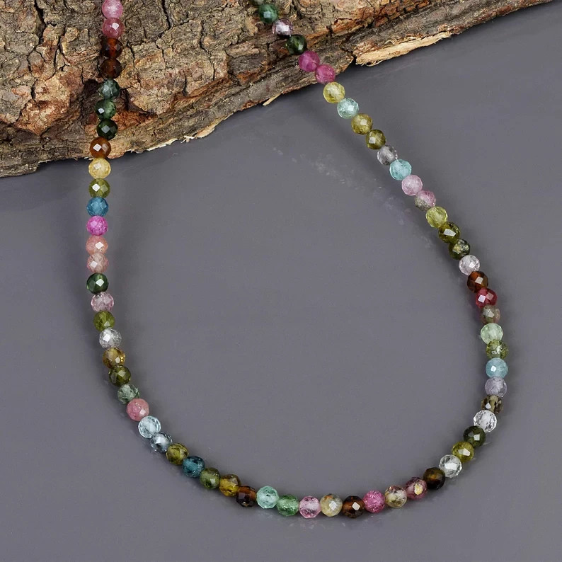 Natural Multi Tourmaline 3mm Round Beaded Necklace 925 Sterling Silver 18″ Gift