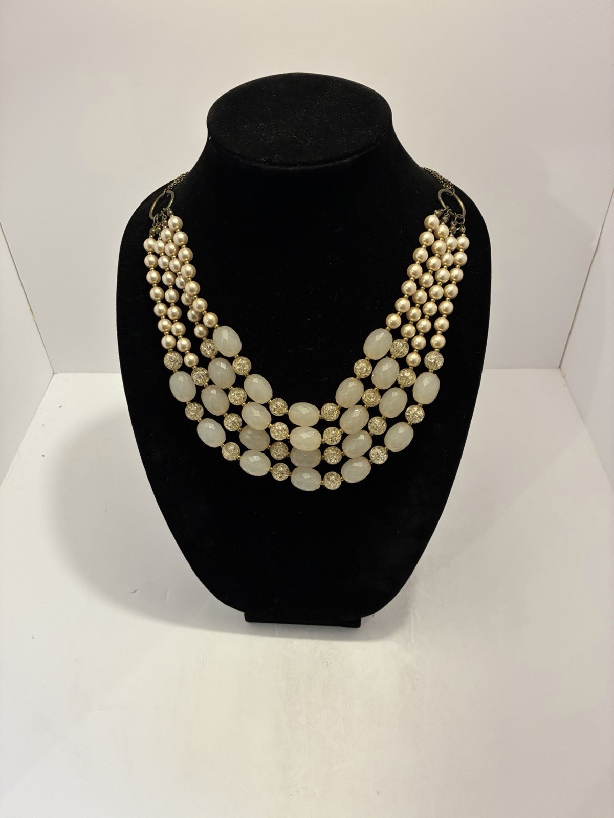 Chunky Multi Strand Statement Necklace Pink Faux Pearl Acrylic Bead Bib Bronze
