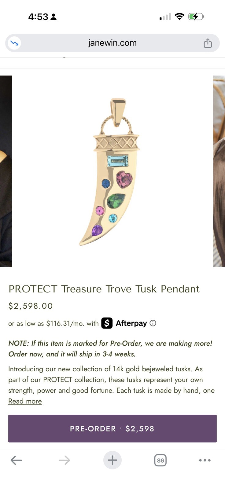 Jane Win 14 KT Solid Gold Detailed Tusk With Multi Gemstones