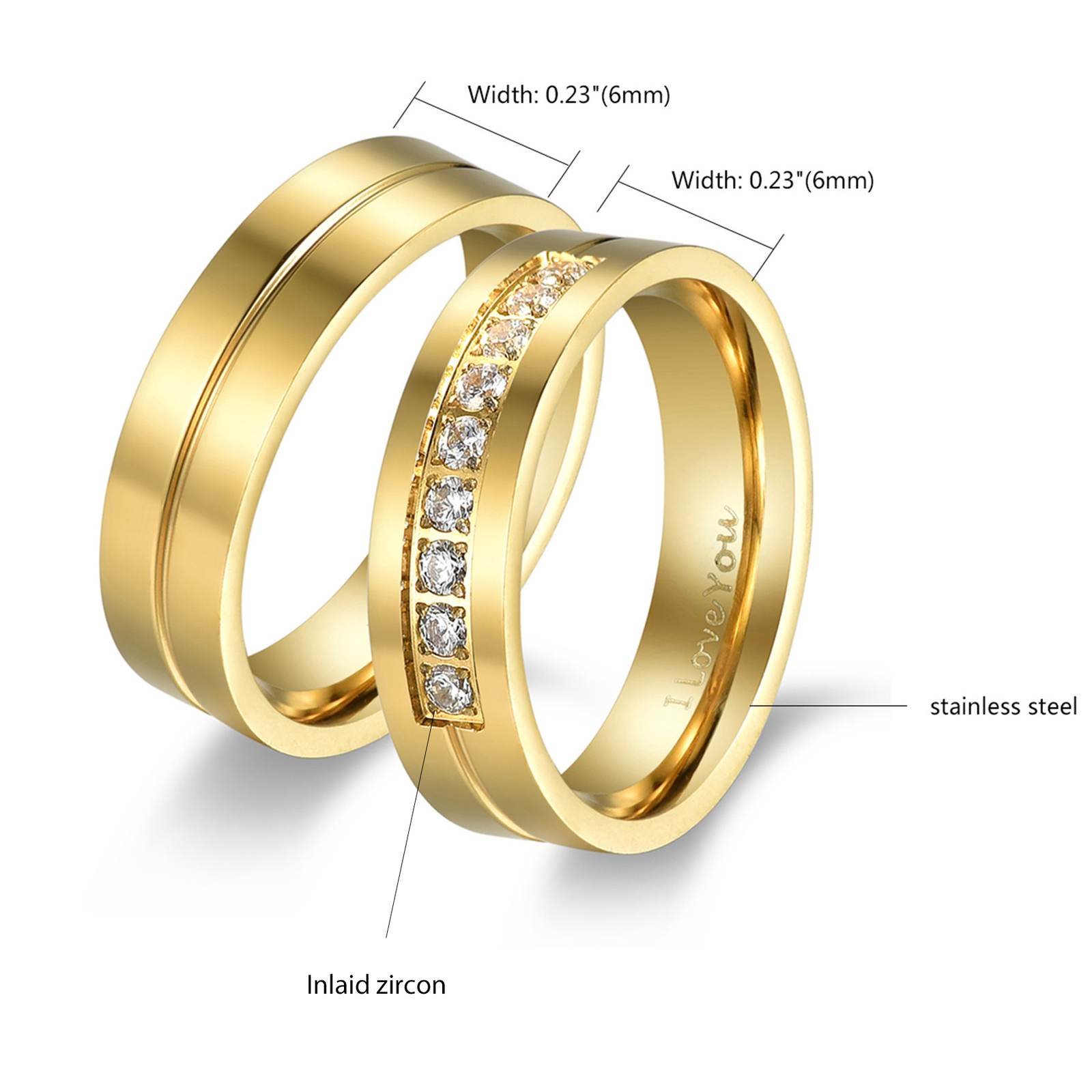 Couples Stainless Steel/Yellow Gold Plated CZ Ring I Love You Promise Band Gift