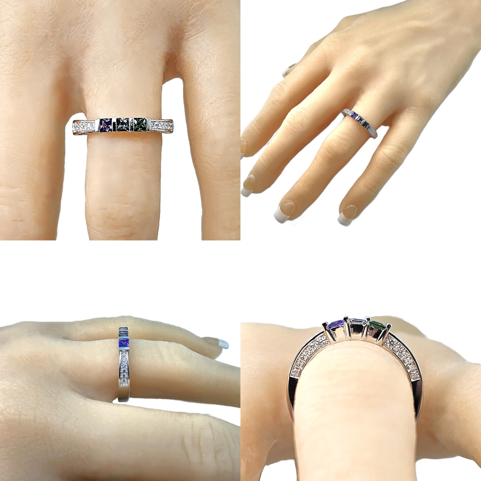 NANA Princess Cut w/CZs 3 Sides Mothers Ring 1-6 Silver/10k Simulated Birthstone