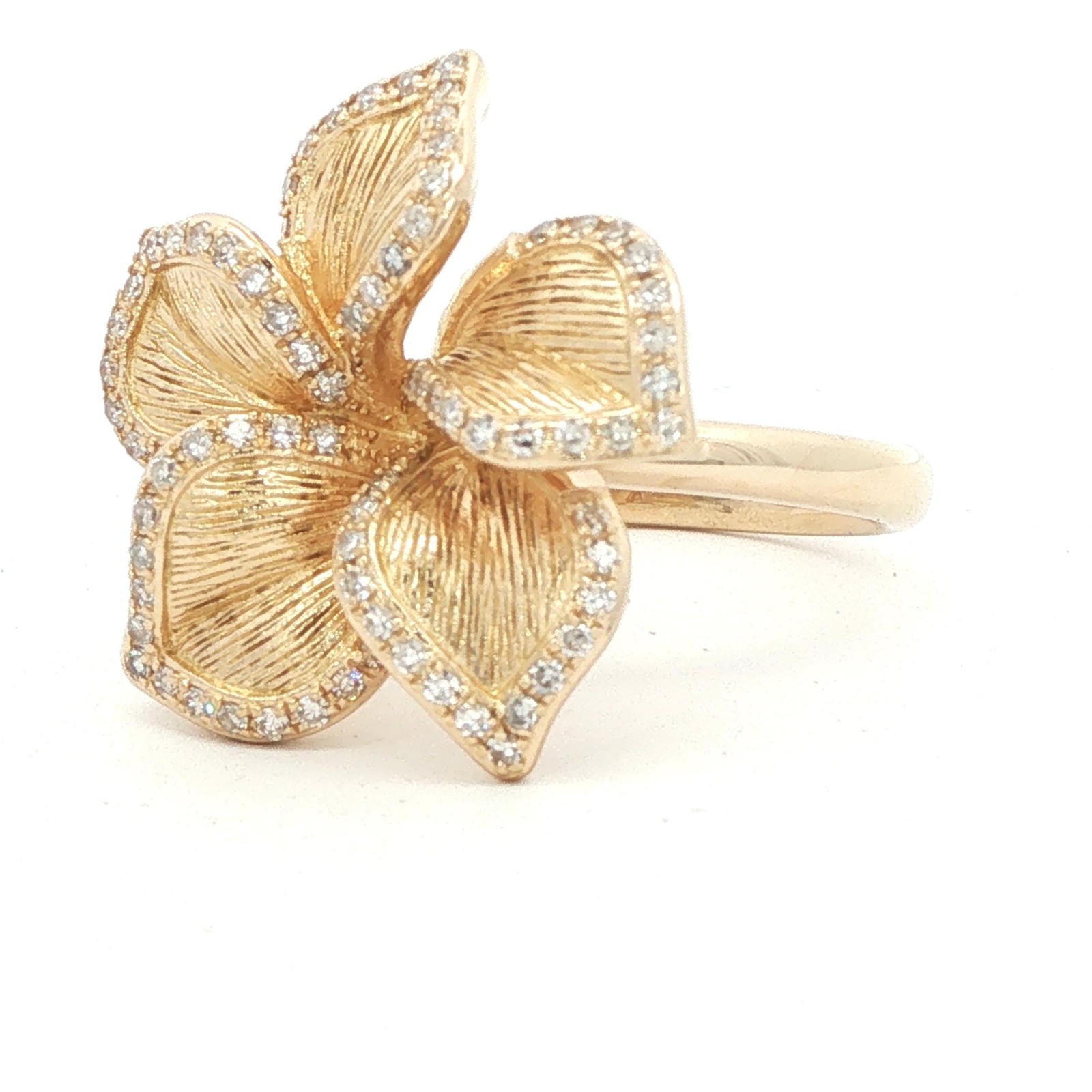 EFFY 14K Gold Pave Round Diamond Accent 5-Petals Ribbed Flower Statement Ring