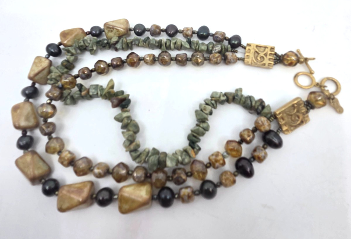 Shane Boyner Multi Strand Gemstone, Glass, Pearl Gold Tone Beaded Necklace