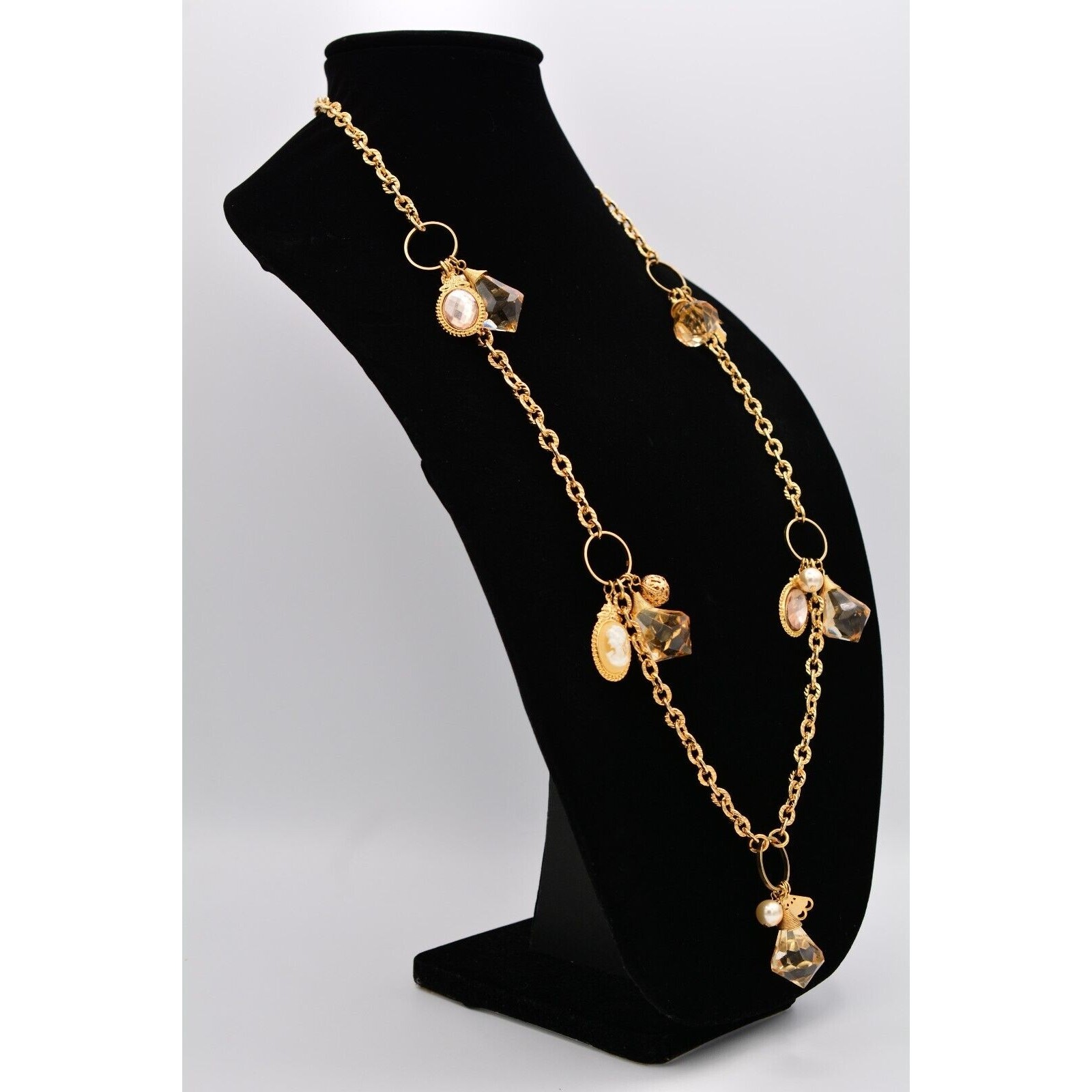 Vintage Station Cameo Necklace Charm Beaded Crystal Gold Chunky 1990s Bin4B