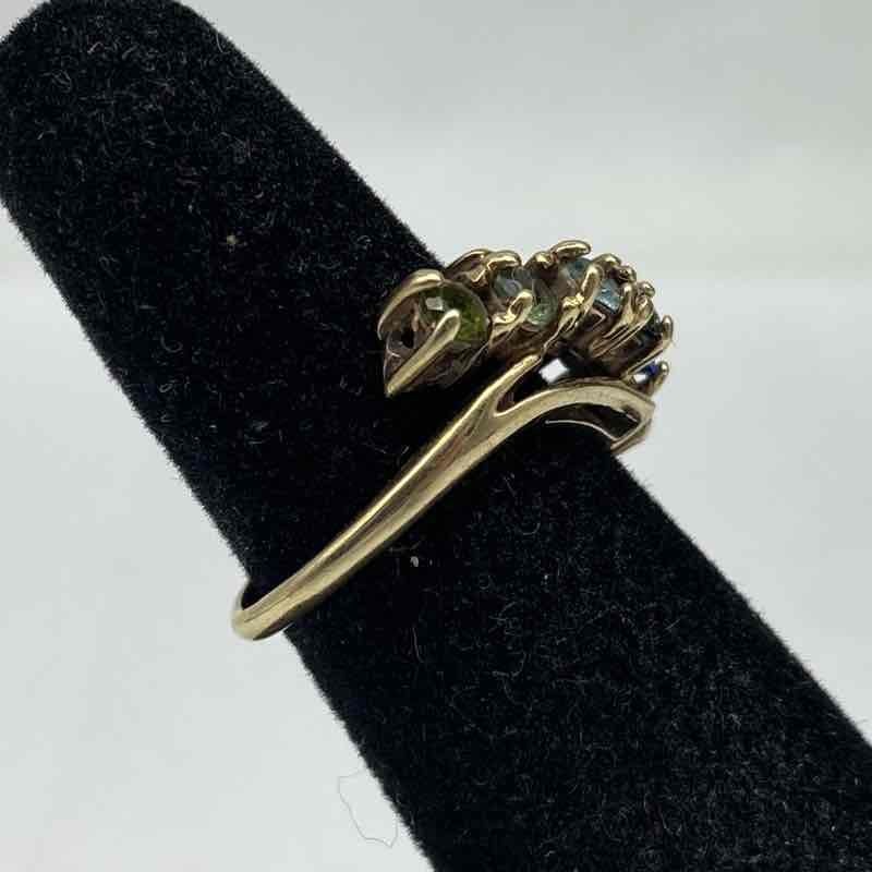 10K Yellow Gold Multi-Gemstone Bypass Ring Size 3.25 Aquamarine Emerald 2.3g