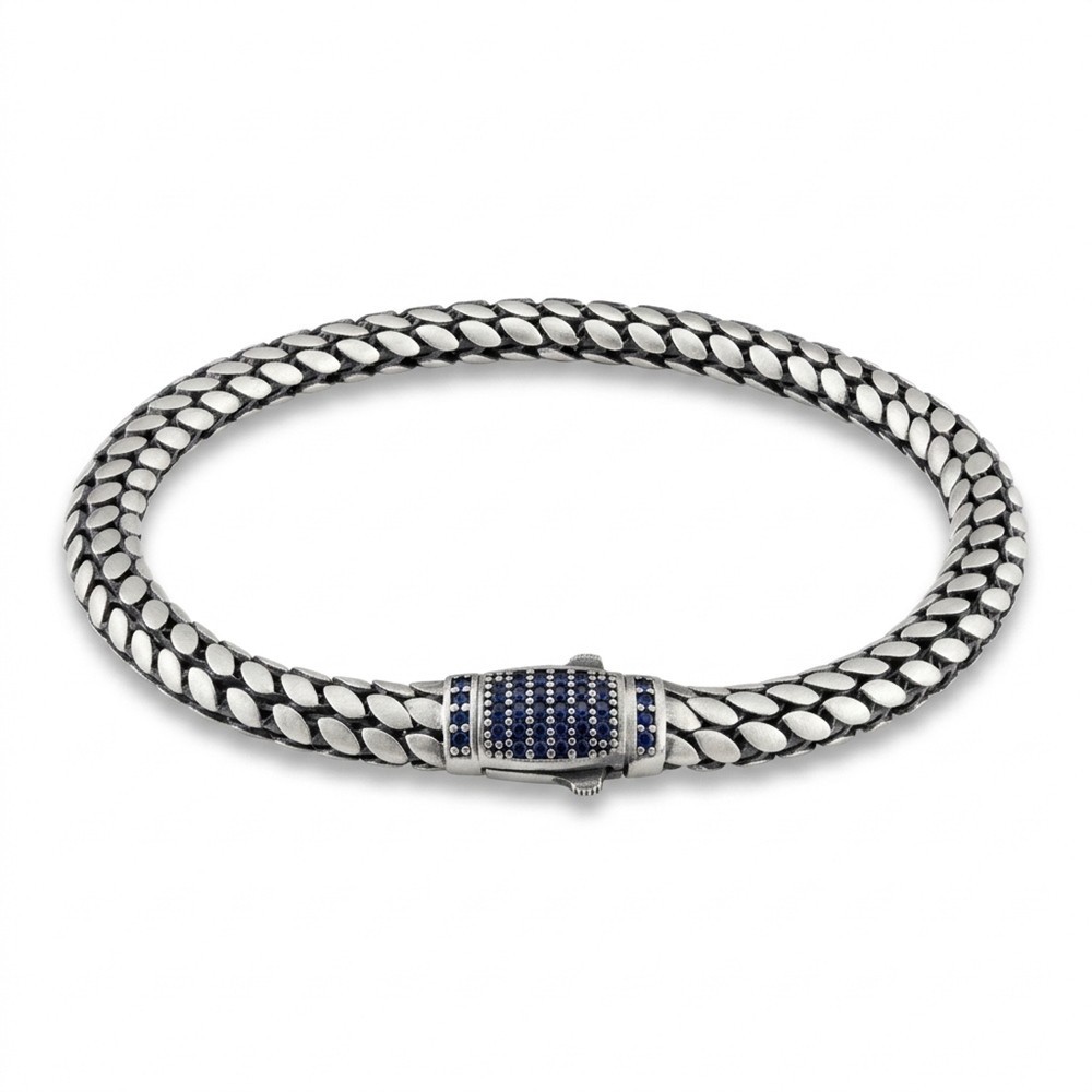 Men’s Oxidized 925 Silver Braided Wheat Bracelet Navy Blue Stone Clasp