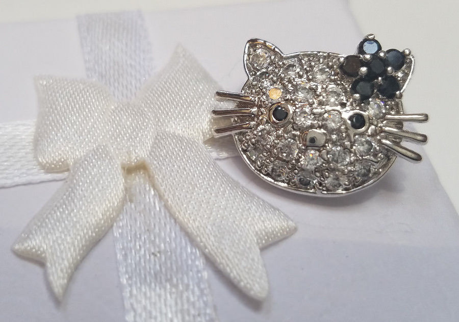 HELLO KITTY 925 GENUINE STERLING SILVER CZ ONYX LADIES DESIGNER BROOCH PIN NEW