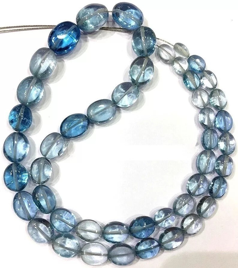 Rare Aquamarine Smooth Beads AAAA+ Oval Nuggets Gemstone Jewelry, 7-10mm 16 Inch