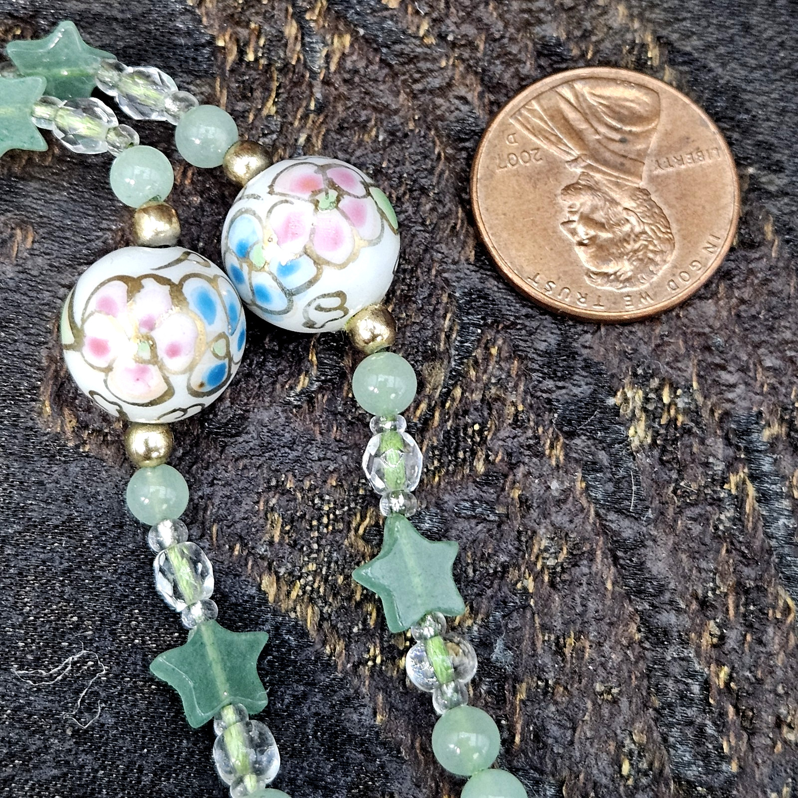VTG Asian Jadeite Tested Carved Cat Pendant Necklace Aventurine Cloisonne 28″
