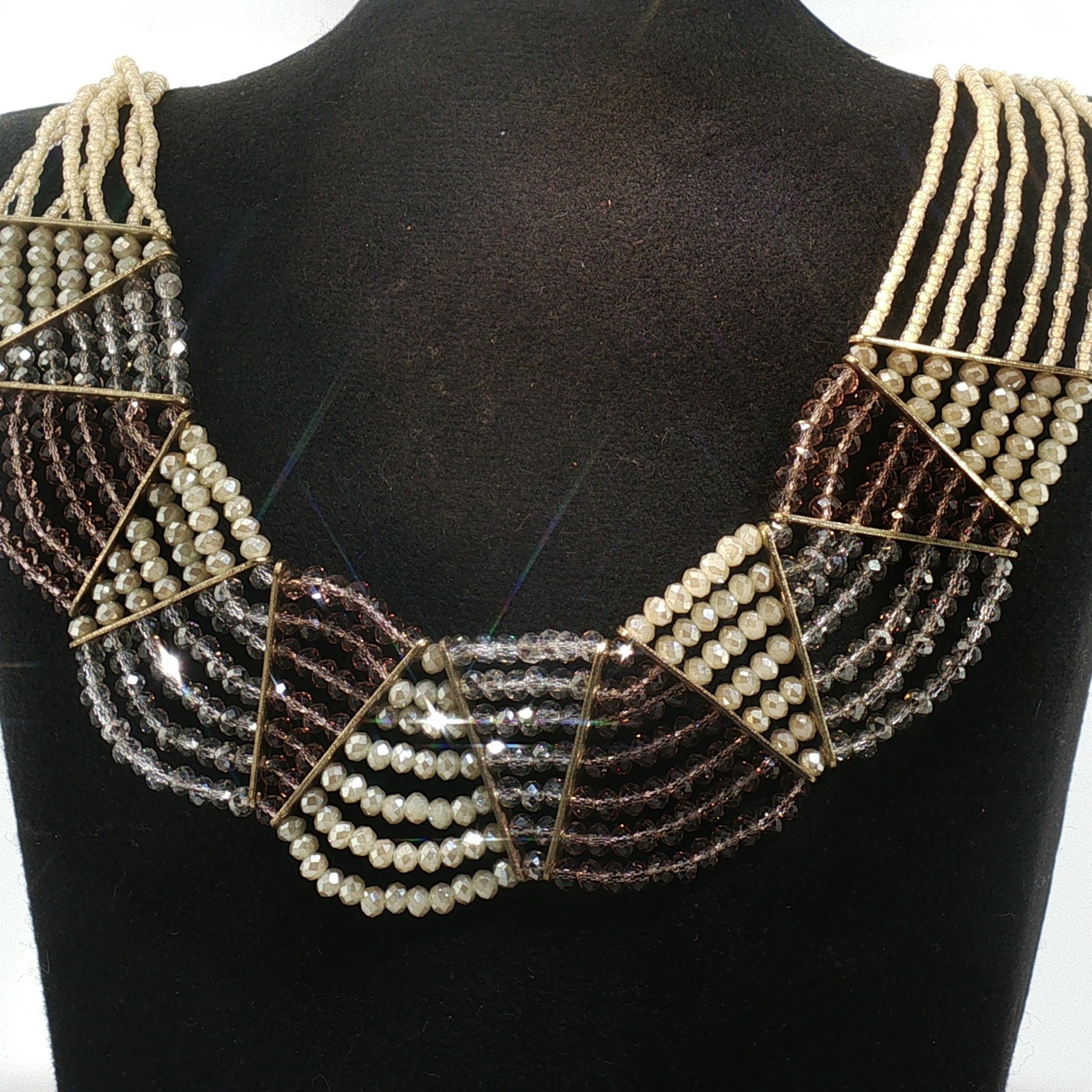 Vintage Multi-Strand Crystal Bib Necklace Gold Bronze Geometric Statement