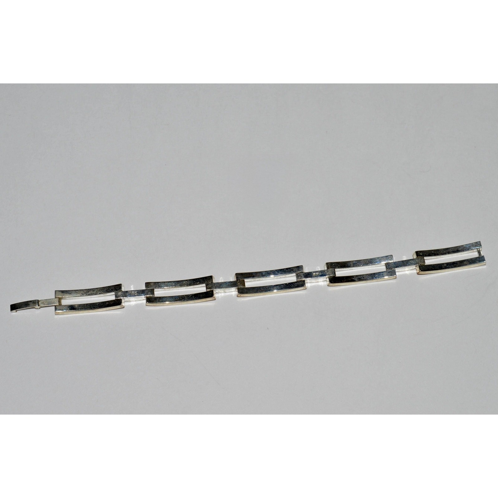 Sterling Silver Link Bracelet, Modernist 5 Link Bracelet Hidden Fold Over Clasp