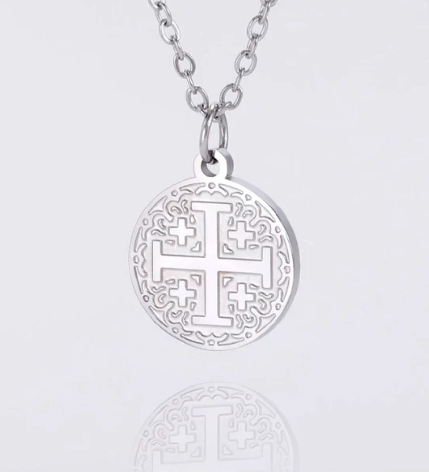 Stainless Steel Jerusalem Cross pendant + 45cm (17.7in) chain plus 2in extender
