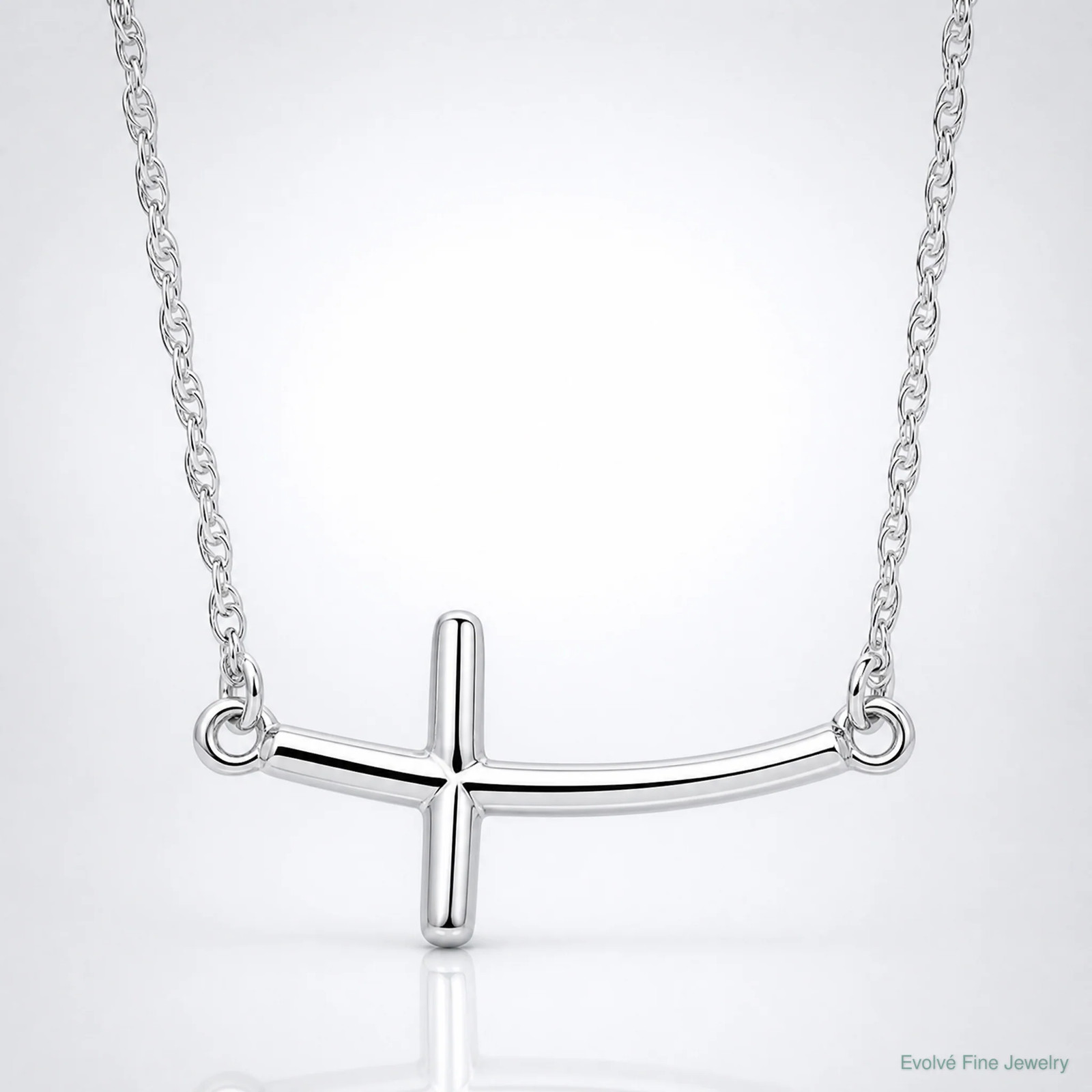 Sterling Silver Rhodium-Plated Large Sideways Curved Cross Necklace