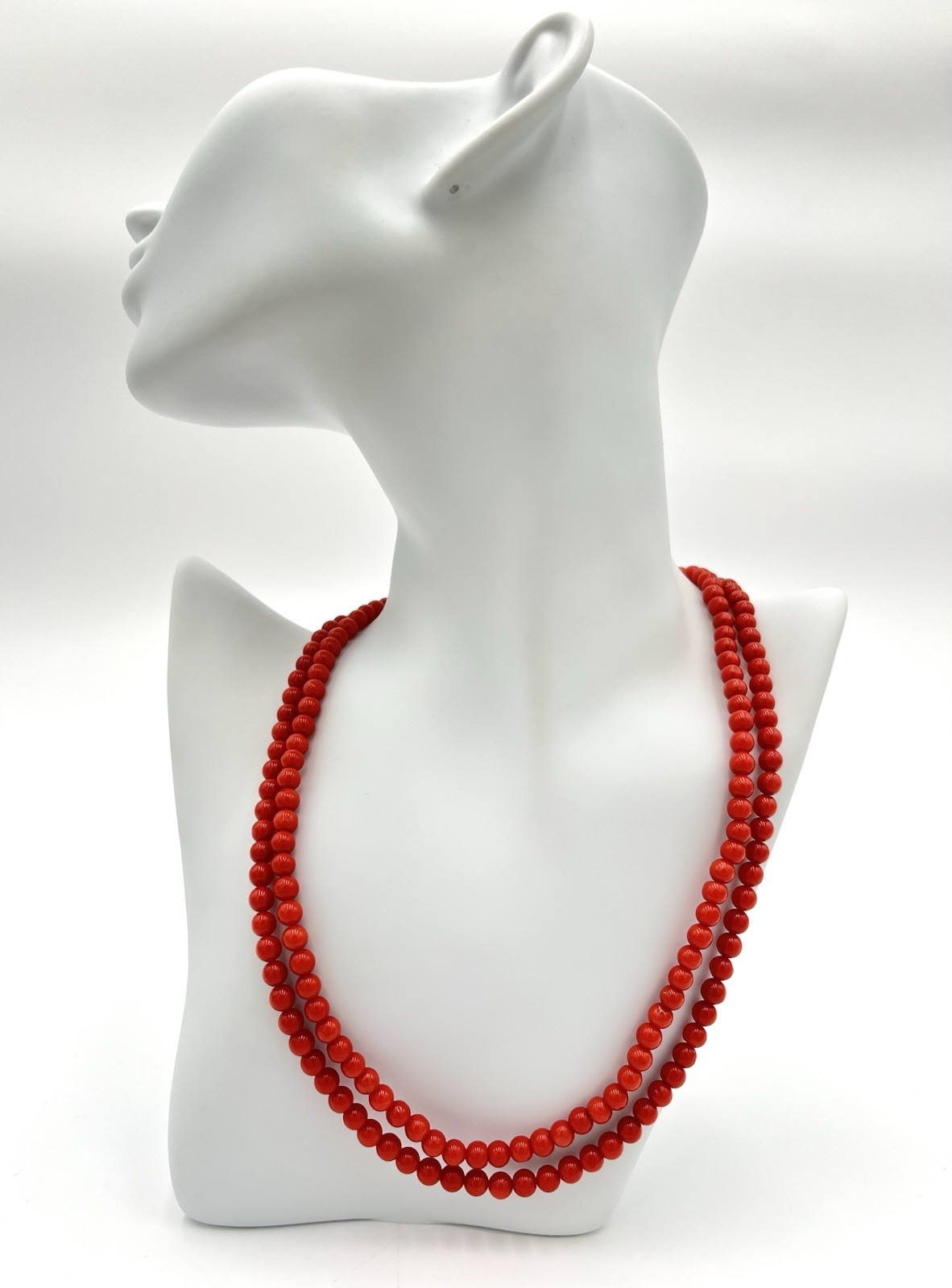Mediterranean Red Coral Necklace 2 Strands 5mm 18kt Gold Handmade Made In Italy