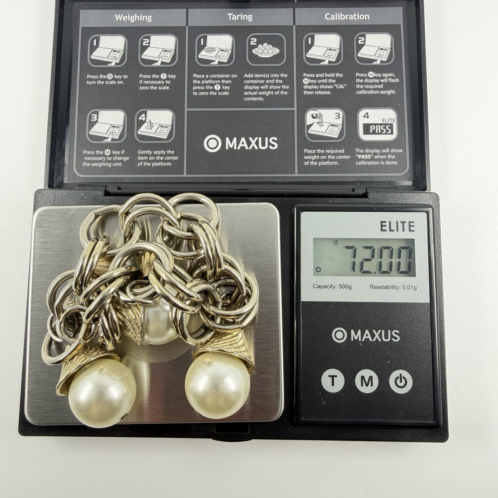 Signed Germany Chunky Chain Link Charm Bracelet Faux pearl Ribbed Hardware