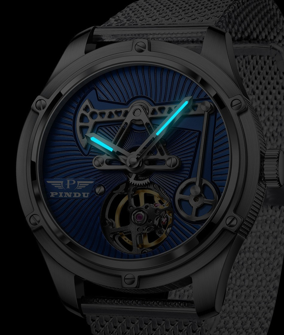PINDU Men’s Luxury Dress Watch 45.5mm Steel Analog Oil Well Watch Luminous
