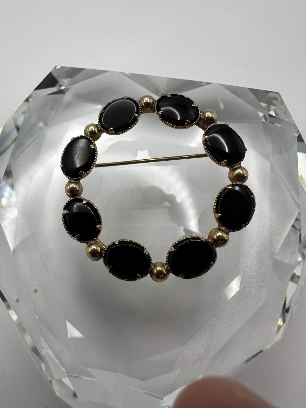 Vintage Bal Ron 12k GG Circle Onyx Brooch 3.6cm JB10