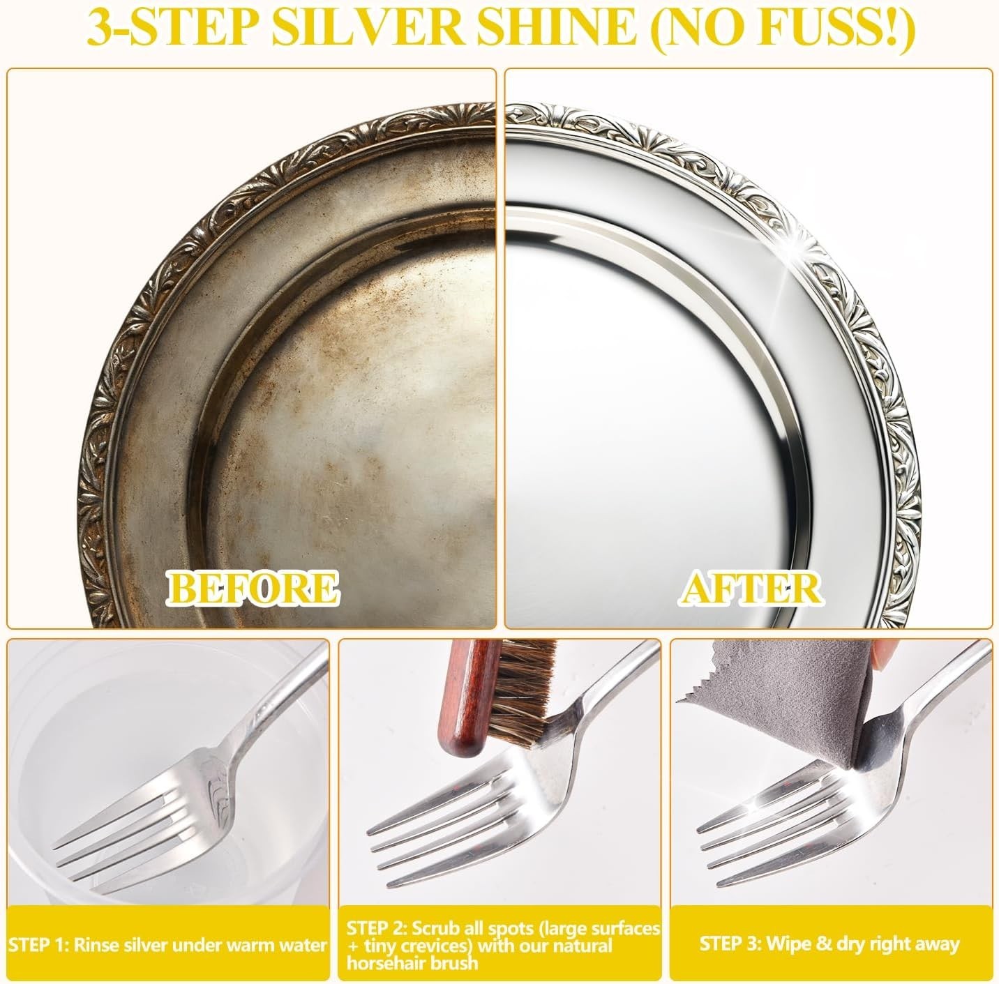 Effortless Shine with Horsehair Brush and Polishing Cloth Set for Silver Items