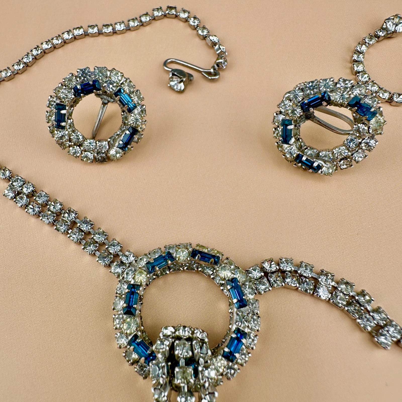 Vintage Rhinestone Necklace Earrings Set Blue Clear Circle Tassel Cup Chain