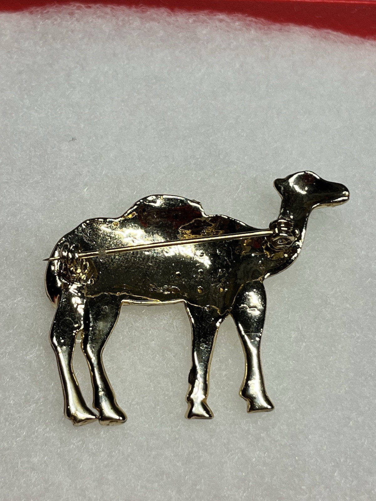 Vintage Gold Tone Camel Brooch/Pin with Clear Rhinestones & Green Rhinestone Eye