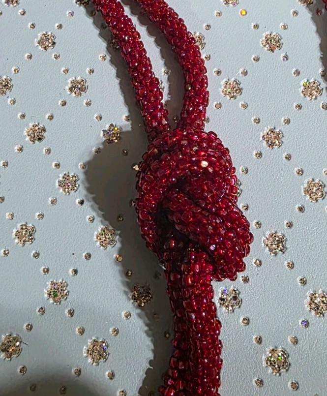 1920’s Flapper Hand-beaded Maroon 32″ Long Necklace. Glass Beads -Knot