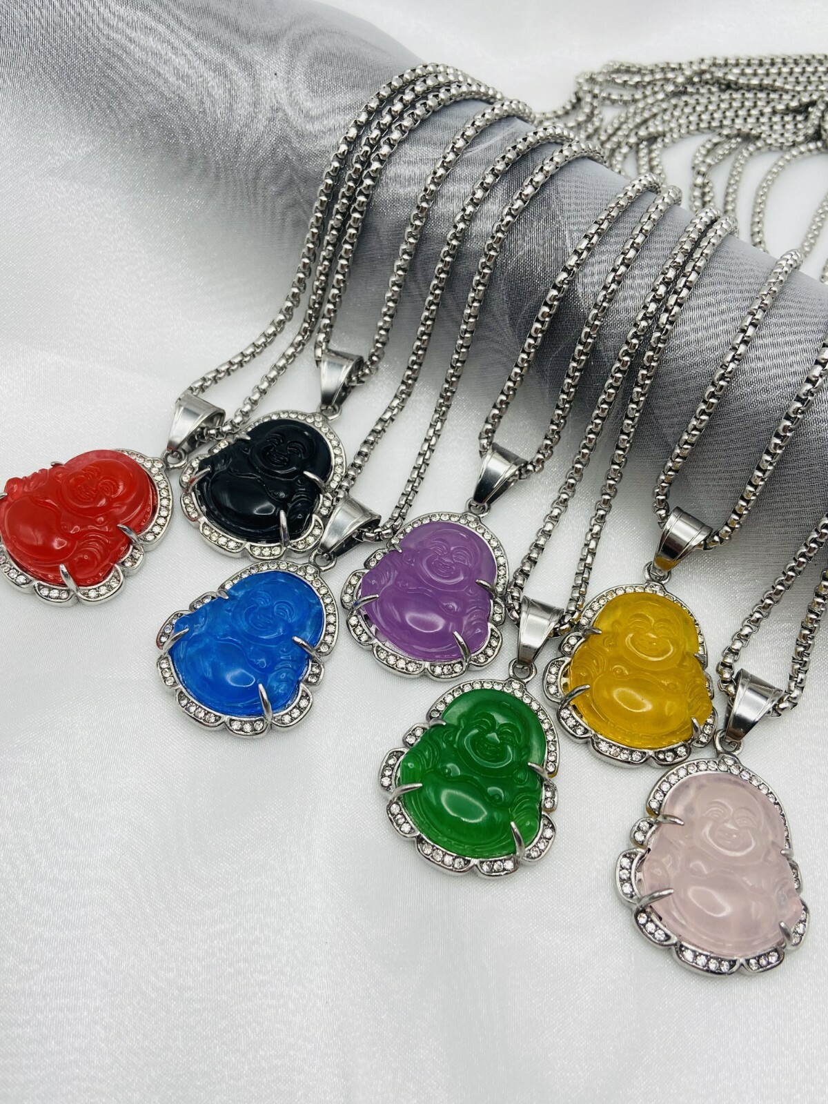Jade Buddha Pendant Necklace 18K White Gold Plated Crystal Charm Hip Hop Chain