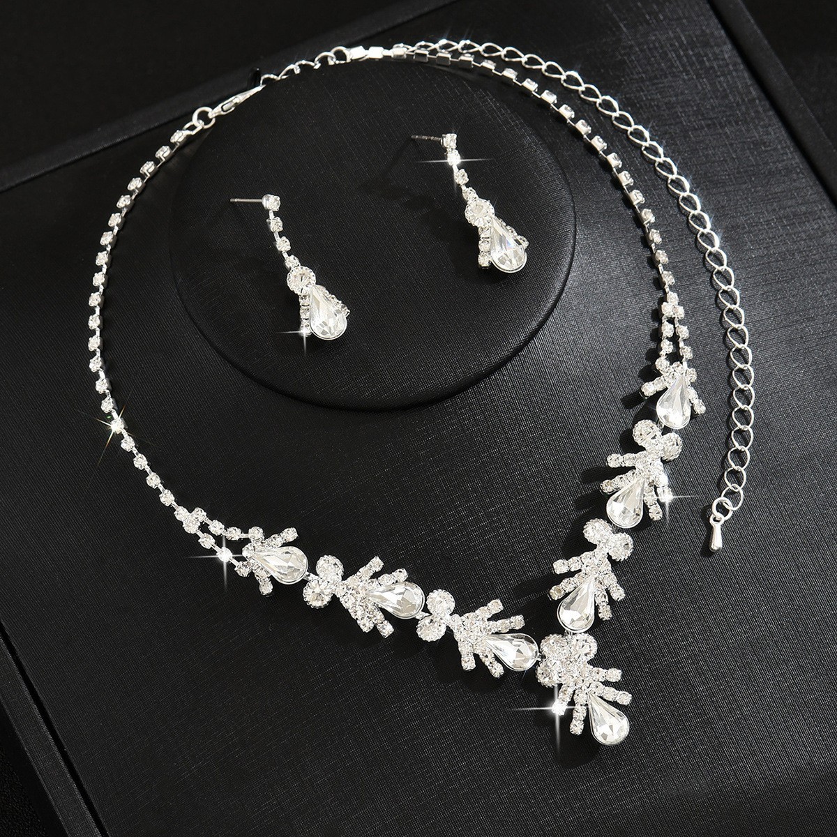 Bridal Prom Rhinestone Necklace Set Bracelet Earrings Silver Elegant Wedding Set