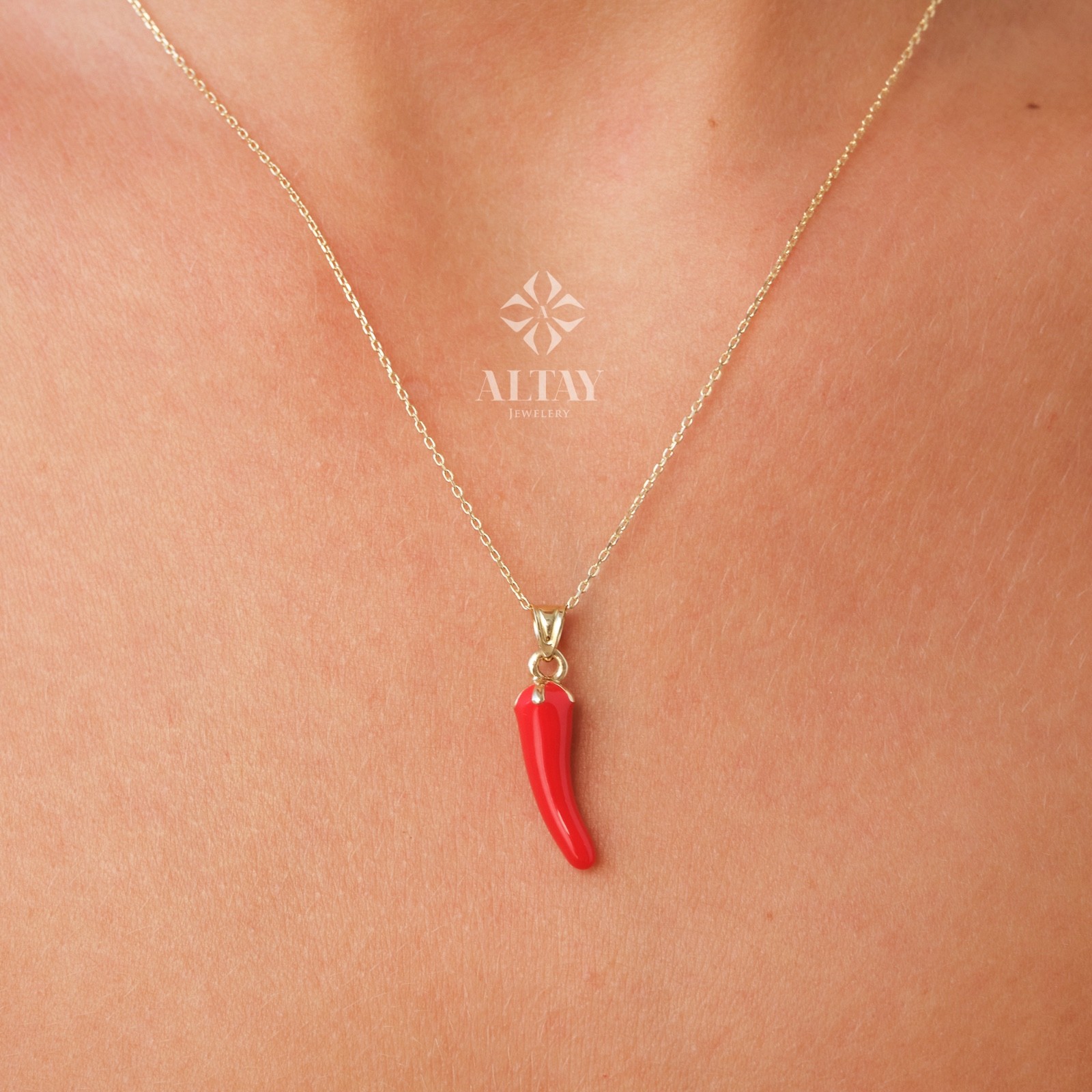 14K Gold Red Horn Necklace, Italian Cornicello Amulet, Chili Pepper Pendant