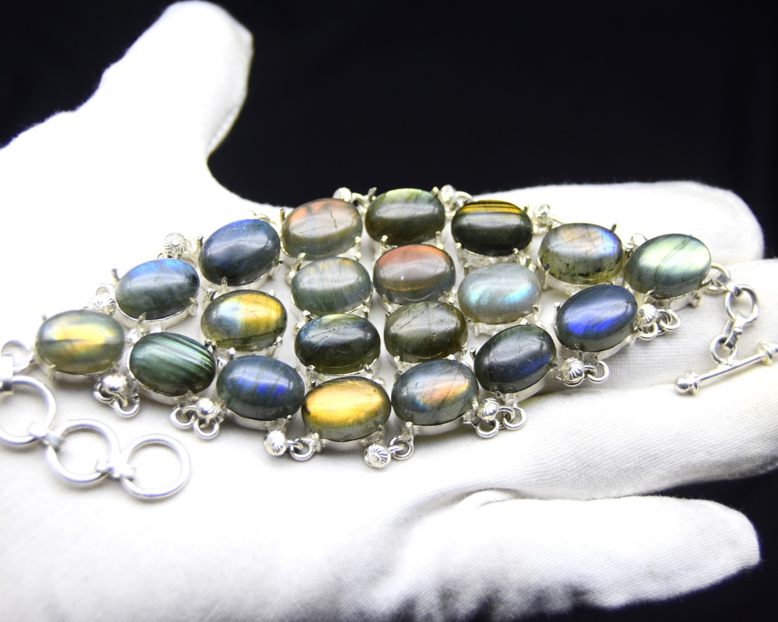 Blue Fire Labradorite Gemstone Big Bracelet 925 Sterling Silver Jewelry ADJ 8″