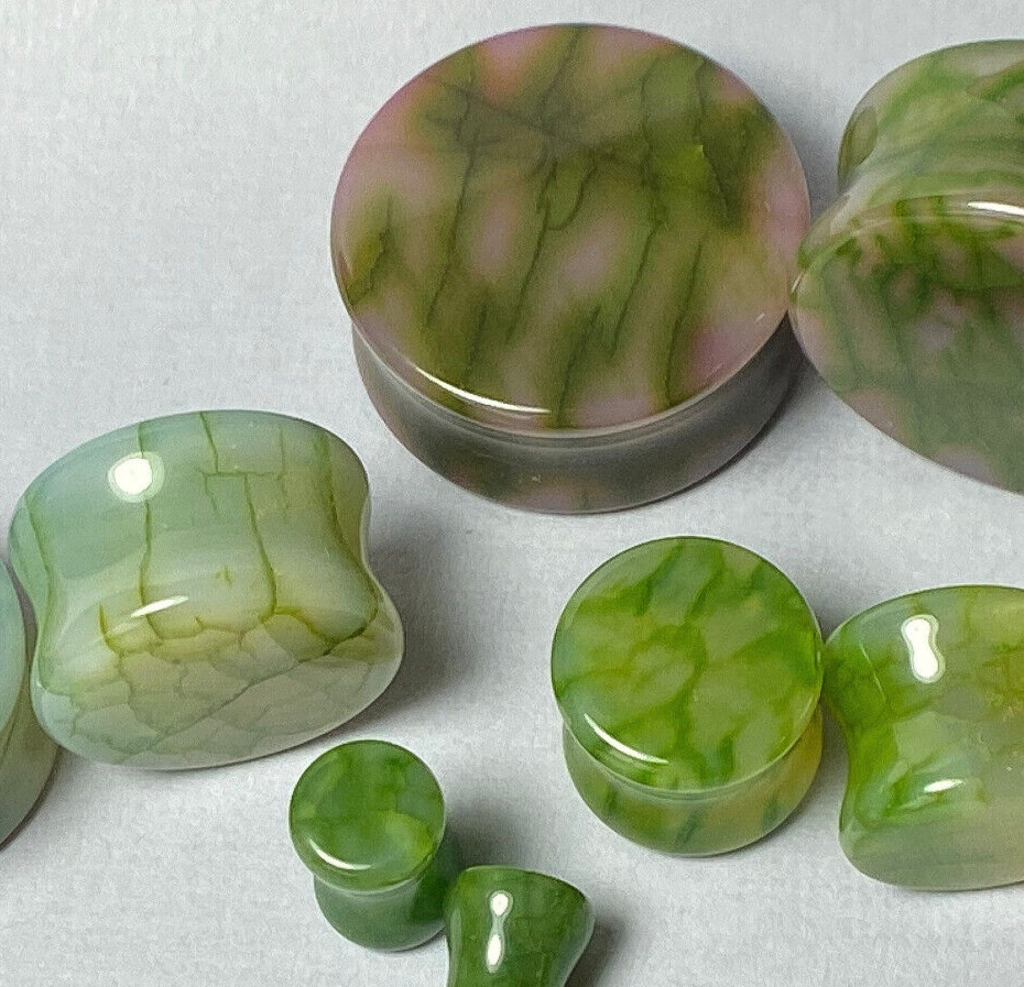 PAIR Green Dragons Vein Agate Stone Double Flare Plugs Organic Earlets Gauges