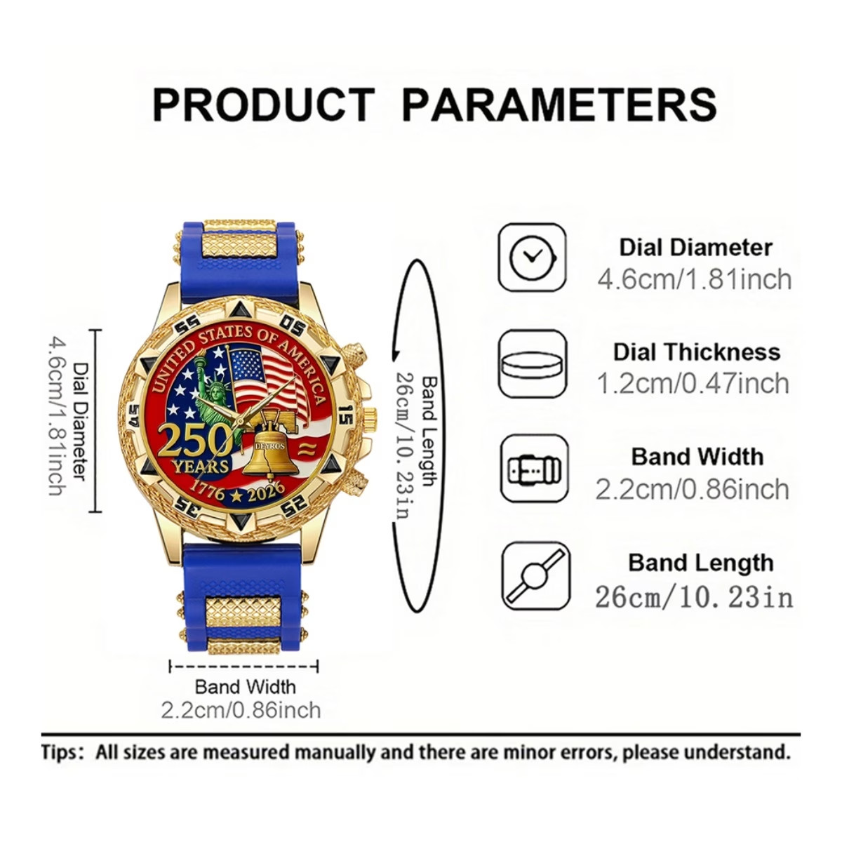Men Patriotic Watch USA 250th Anniversary  American Flag & Statue of Liberty