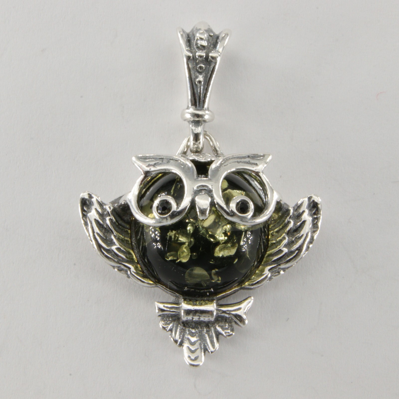 Green BALTIC AMBER Smart Owl Pendant 925 STERLING SILVER Poland #3512e