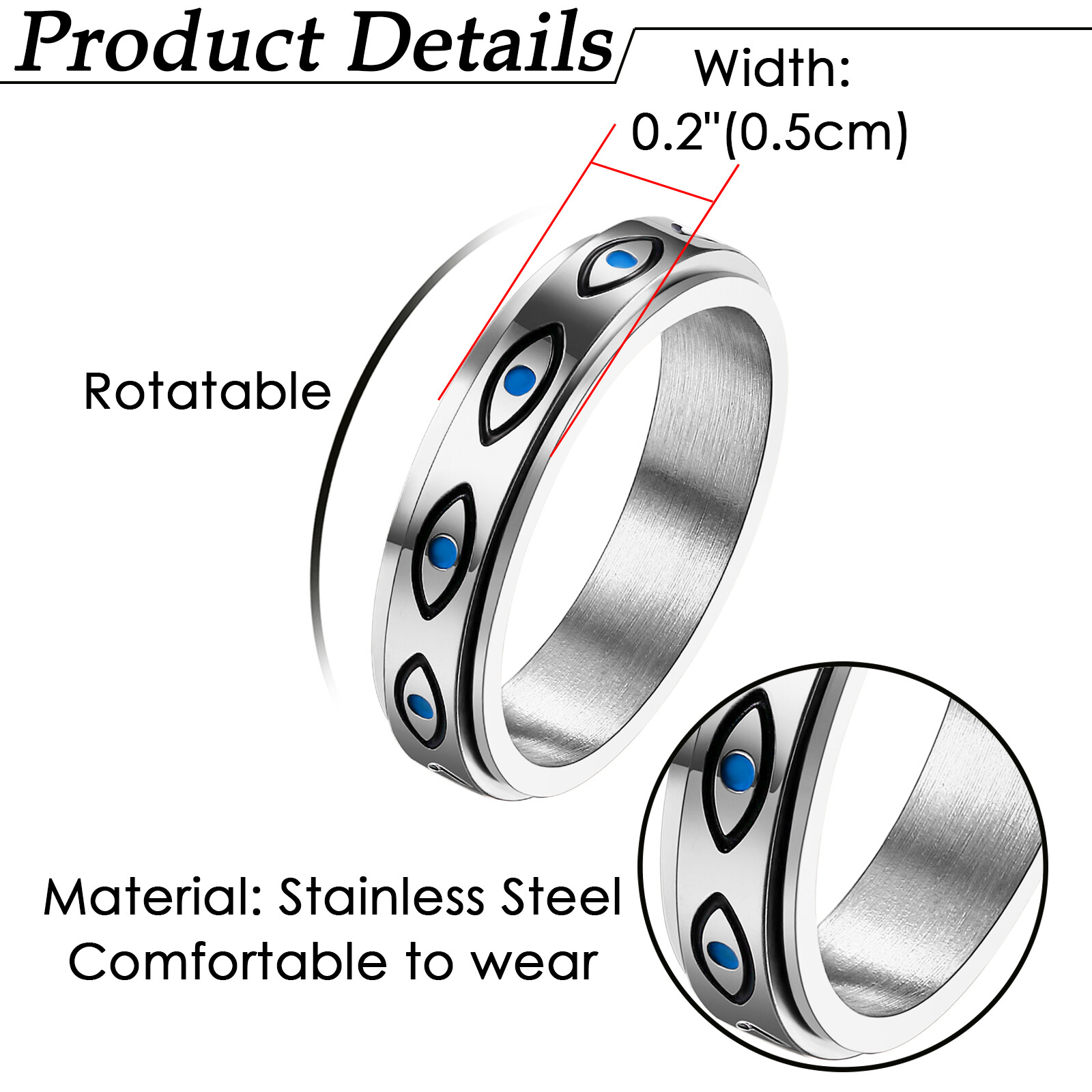 Evil Eye Spinner Ring Anti Anxiety Fidget Stainless Steel Rotate Band Men Women