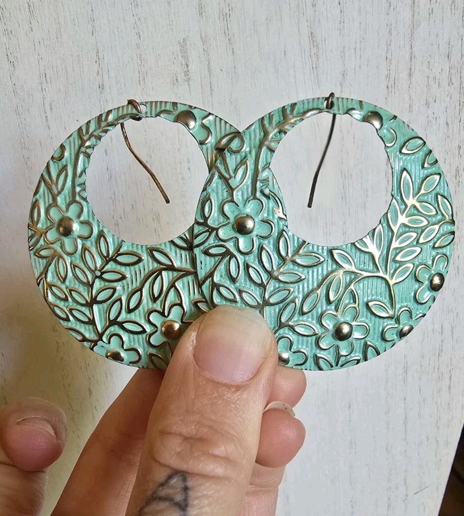 Bohemian Gold tone Sea Foam Green Patina Flowers Brass Earrings
