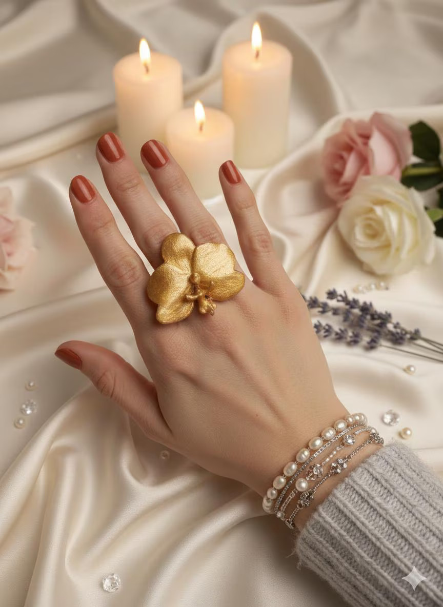 Real Orchid Resin Ring | Preserved Flower | Adjustable Gold Tone Band