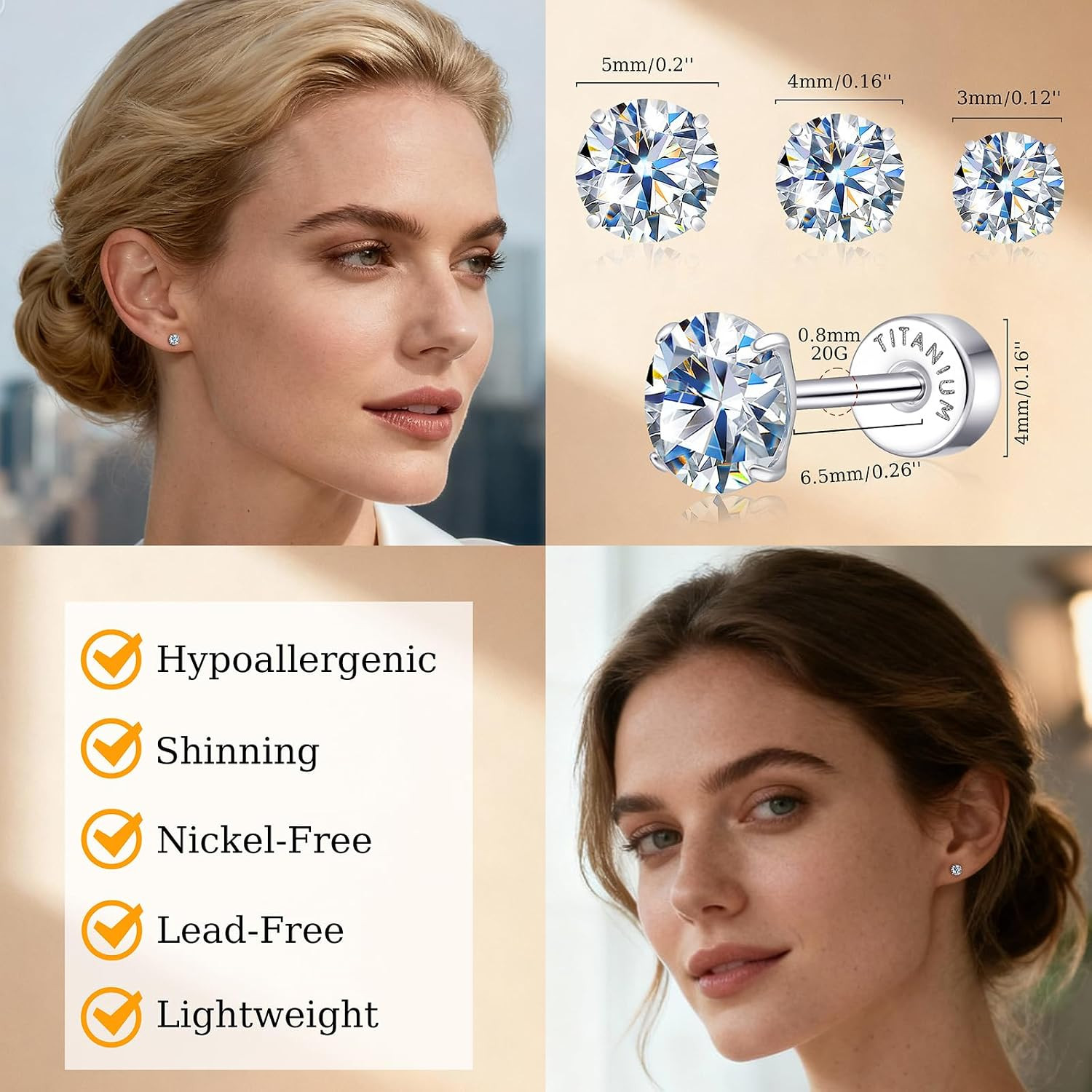 Moissanite Stud Earrings, 3 Pairs Titanium Screw Back Earring, D Color VVS1 Clar