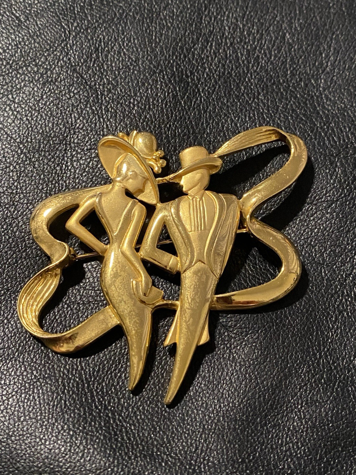 Jonette Vtg 1980s JJ Brooch Fancy Man Woman Art Deco Couple Dancing Tango Signed