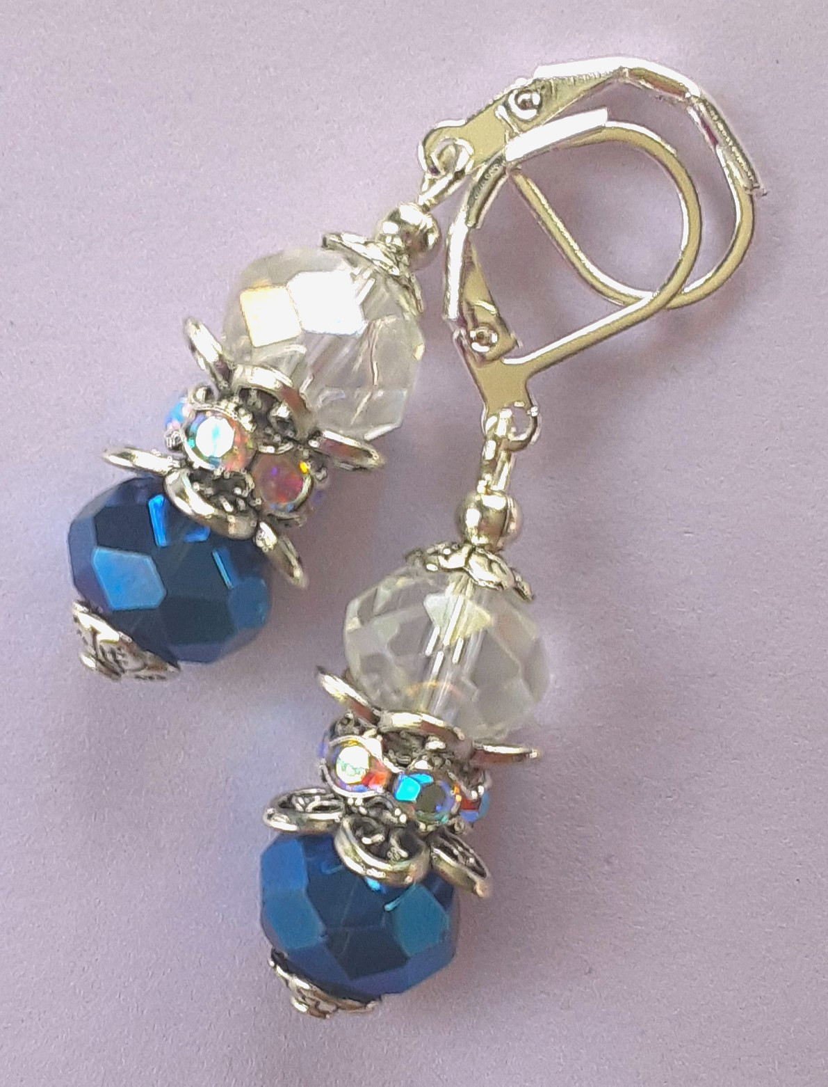 NAVY & CLEAR Faceted CRYSTALS AB CRYSTAL RING earring SP LEVERBACK artisan #N25