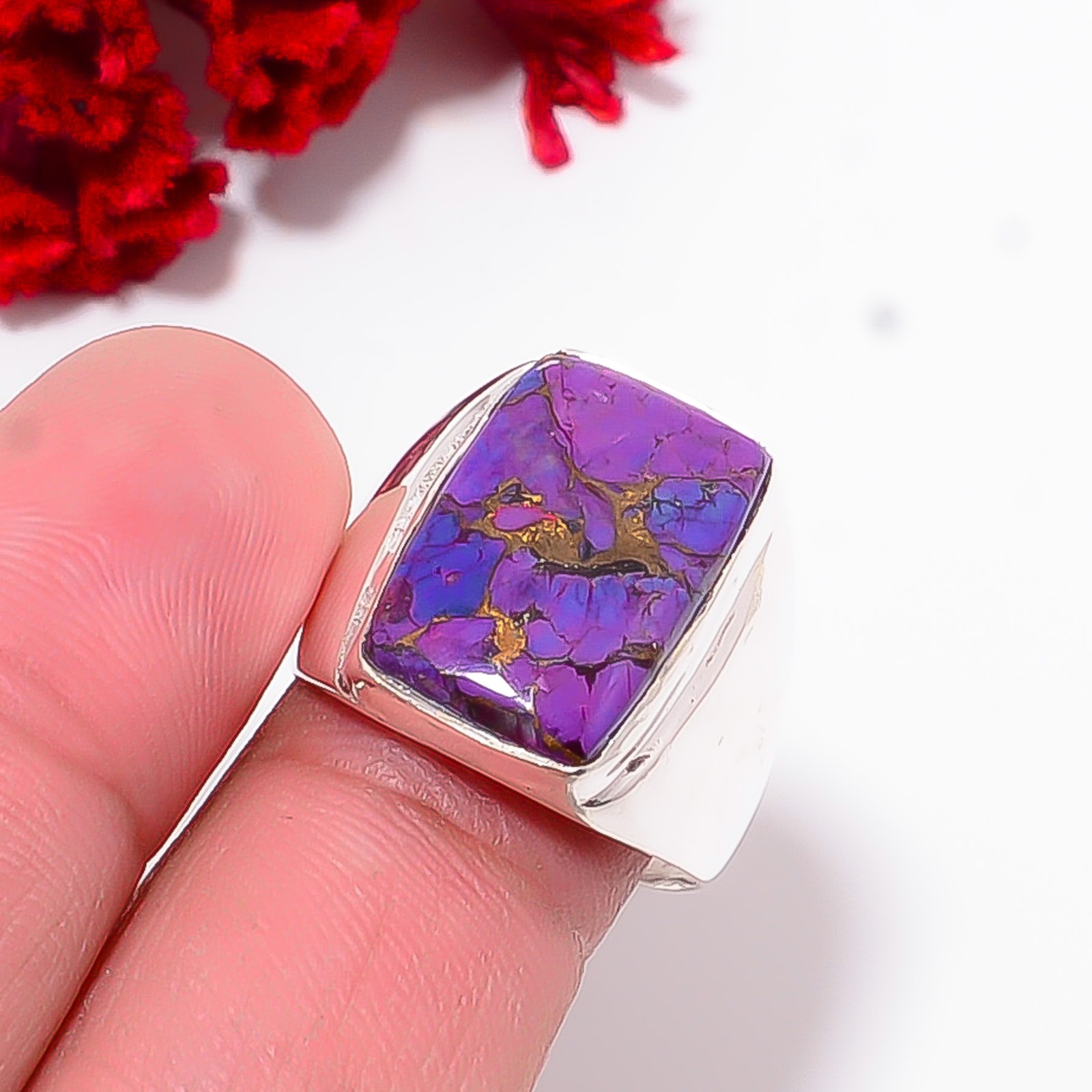 Copper Purple Turquoise Gemstone 925 Sterling Silver Ring S.8.5 R11878